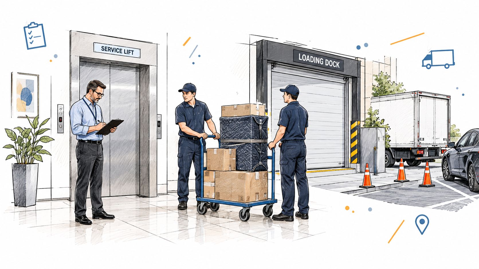 A professional man checking a clipboard while movers transport boxes near an office service lift and loading dock.