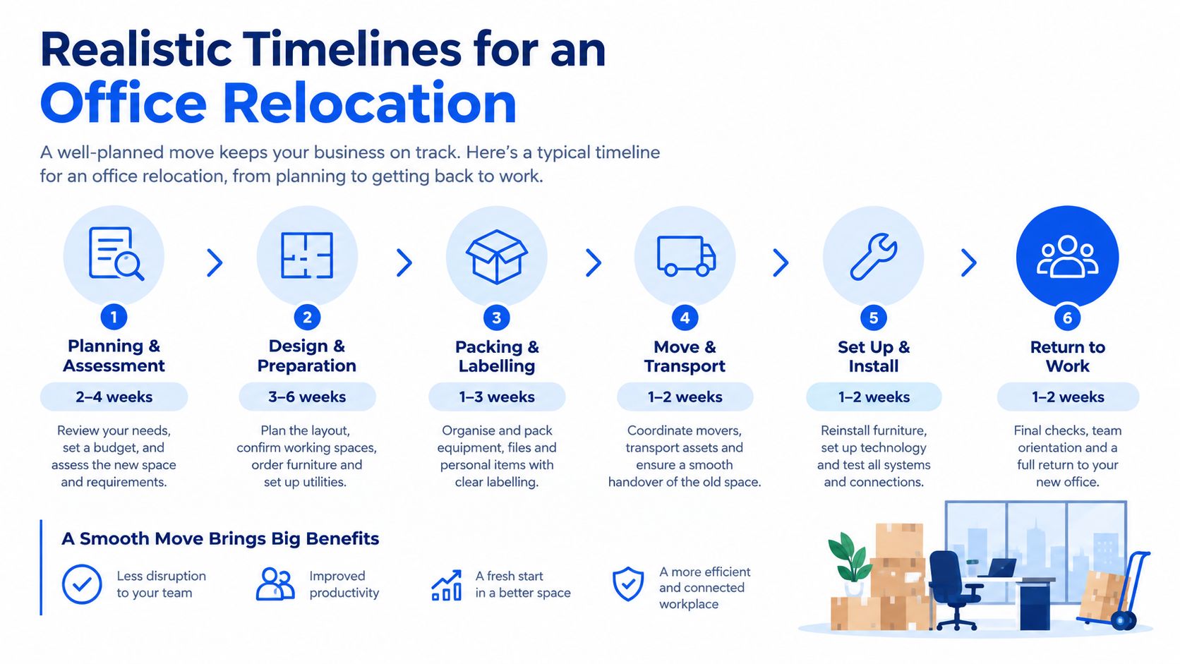 A six-step infographic timeline outlining the realistic planning and execution stages for a corporate office relocation.