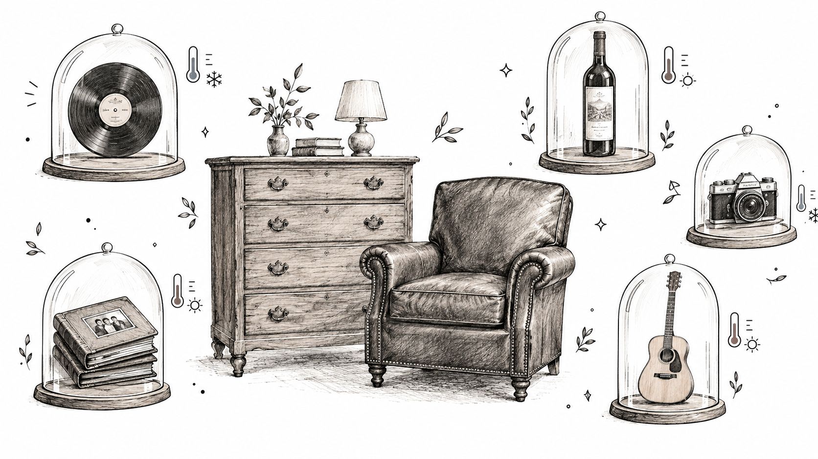 An illustration showing various collectible items stored in glass cloches with climate control icons in a room.