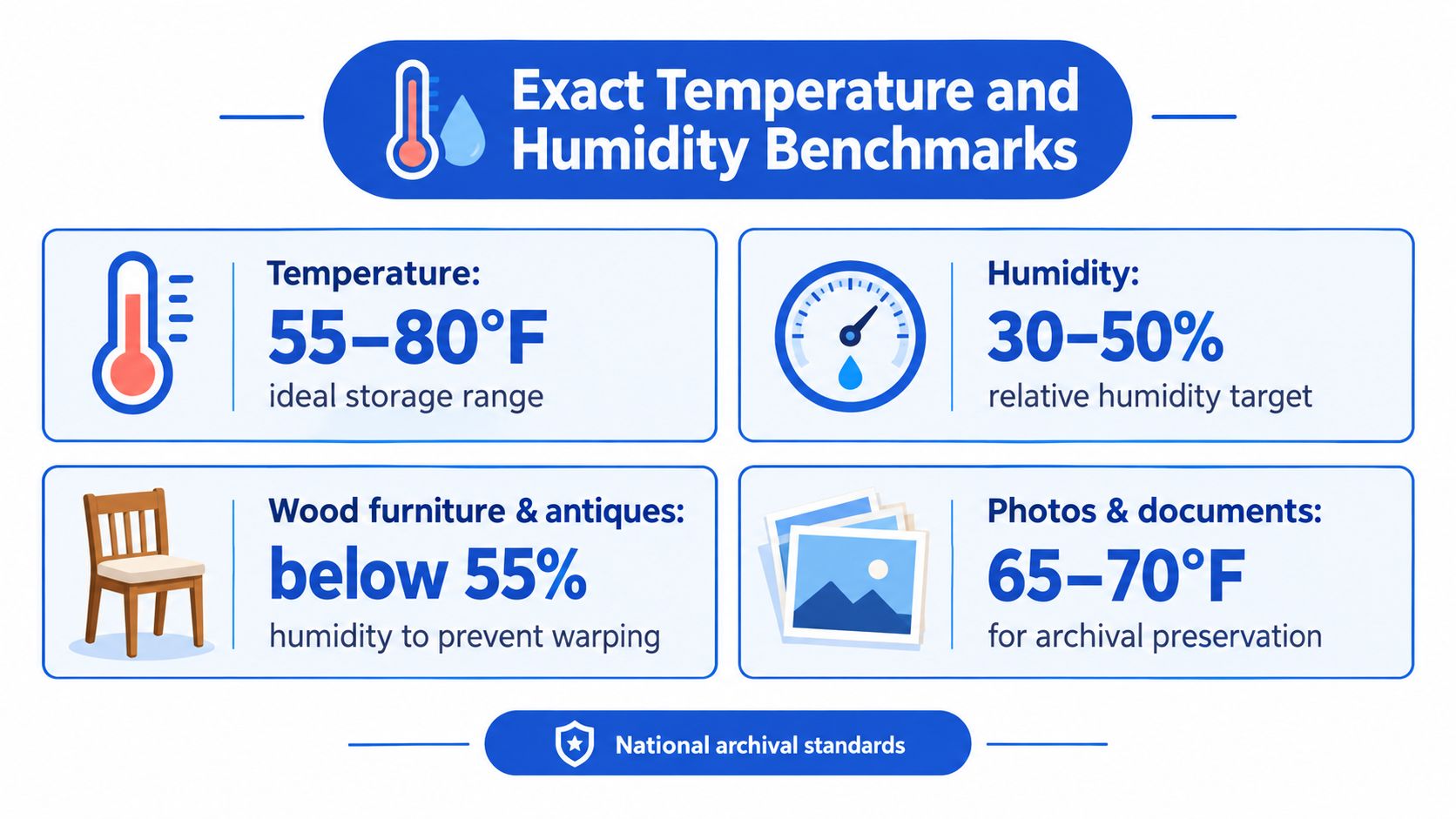 An infographic showing ideal temperature and humidity ranges for storage of wood furniture and archival documents.