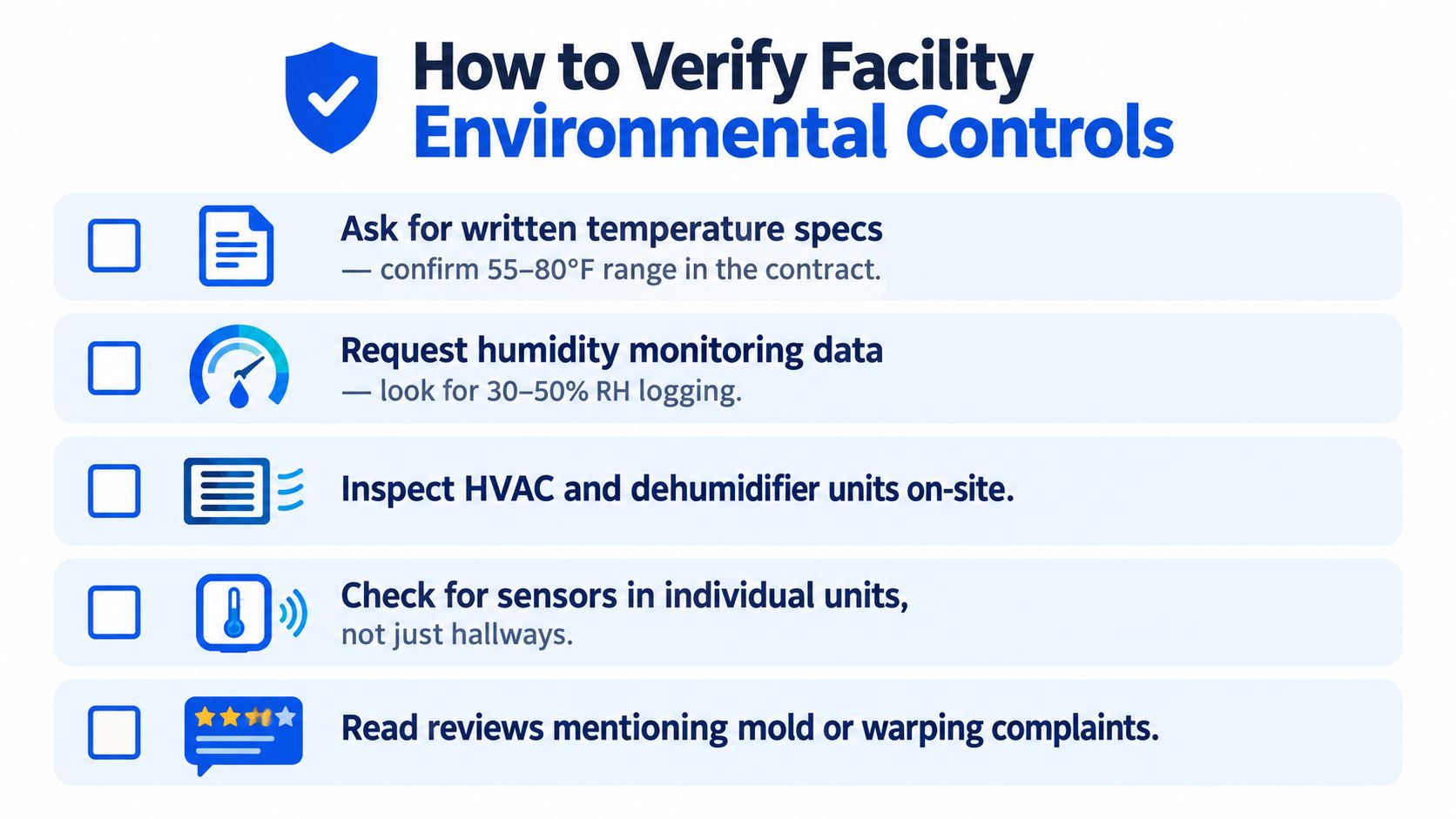 A checklist infographic titled How to Verify Facility Environmental Controls for climate controlled storage facilities.