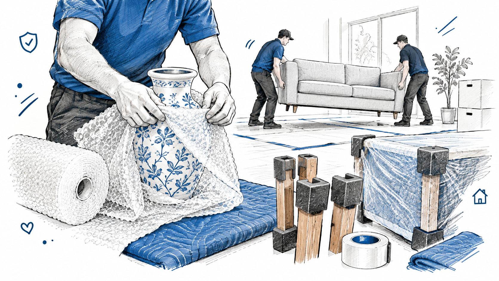 Professional movers carefully packing fragile household items and furniture for a safe door to door move.