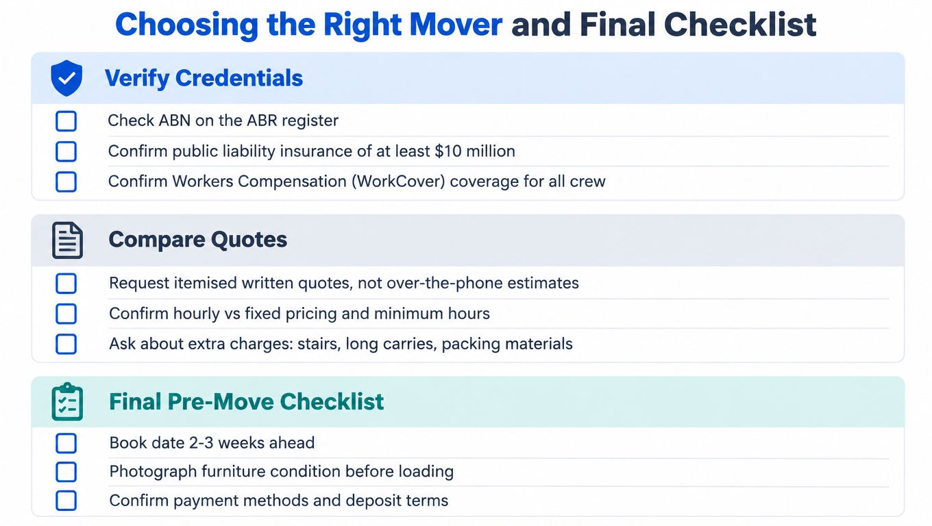 A helpful infographic showing a three-step checklist for choosing professional movers and preparing for a move.