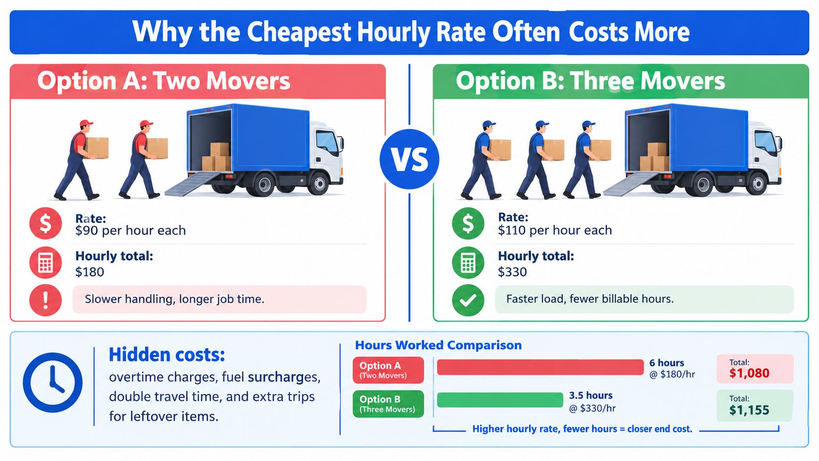 A comparison infographic showing how hiring more movers can result in similar total costs due to time savings.