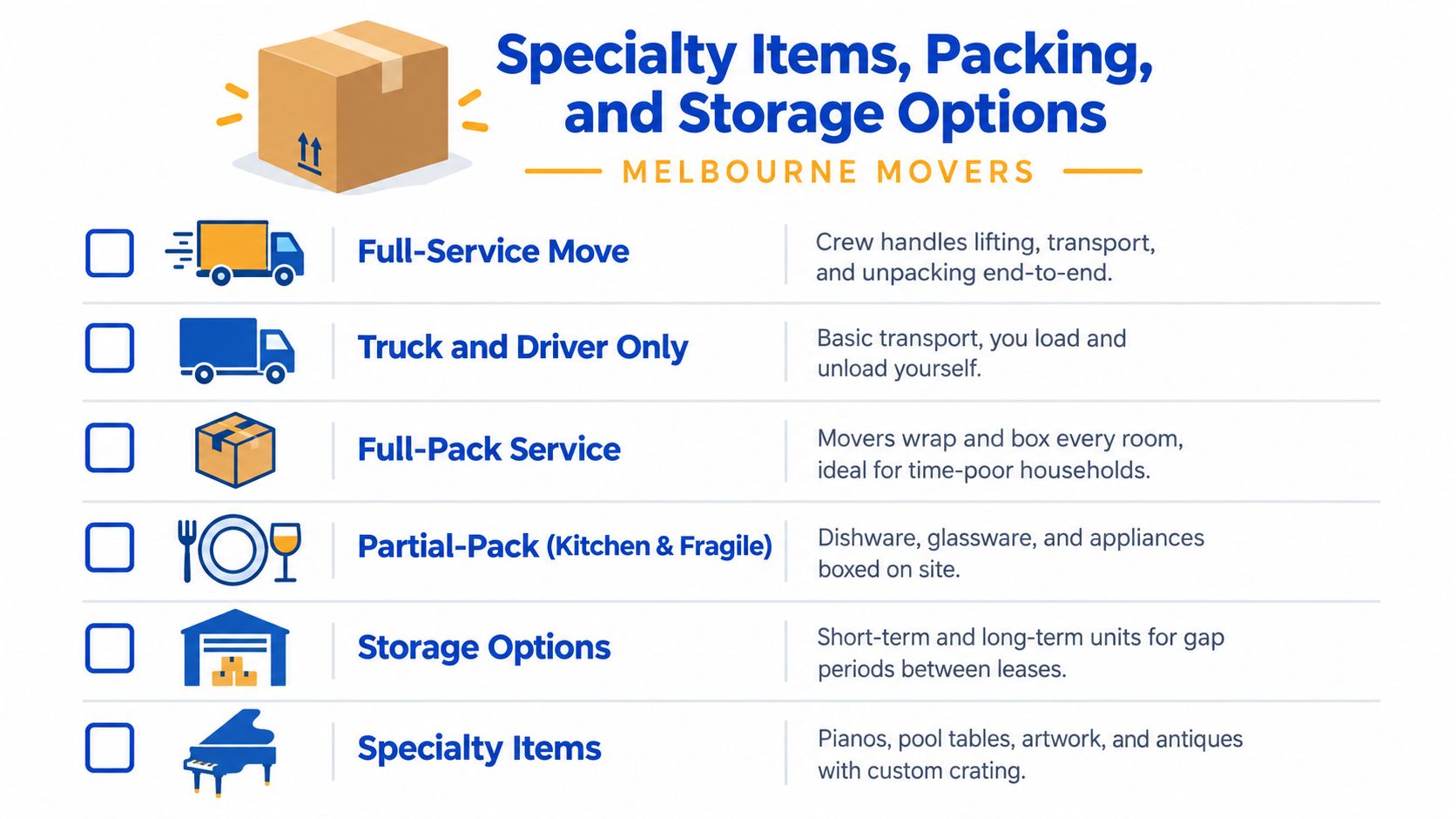 A list of specialty moving services including full-service moves, packing options, and storage from Melbourne Movers.