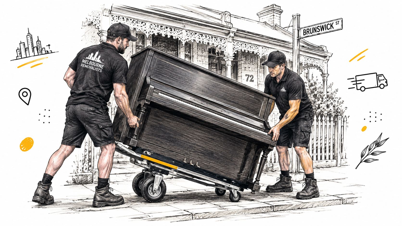 Two professional movers using a heavy-duty trolley to transport an upright piano on a city sidewalk.