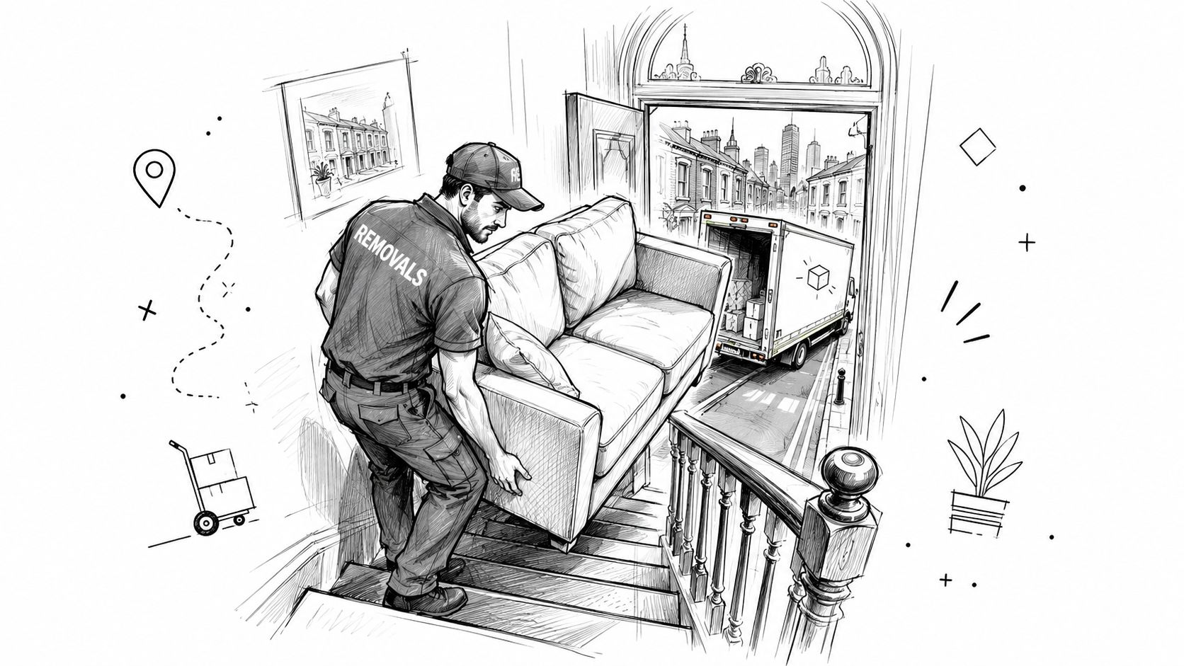 A professional removalist carries a sofa down a staircase toward a moving truck parked outside.