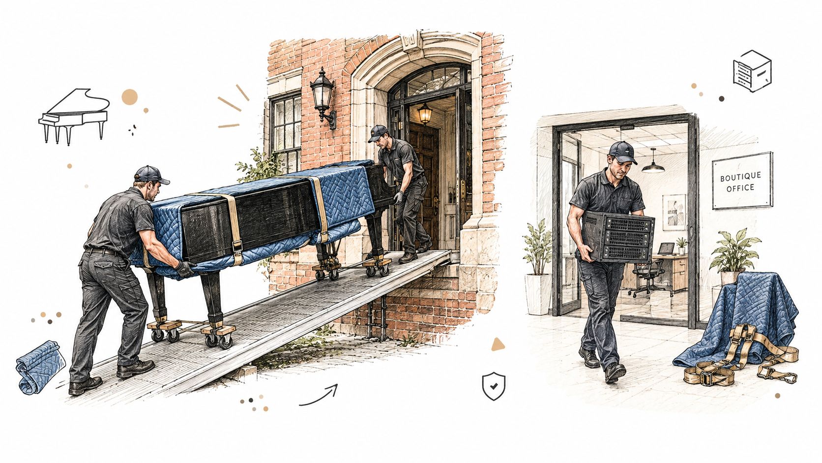 Two professional movers carefully transporting a large grand piano up a ramp into a brick building.